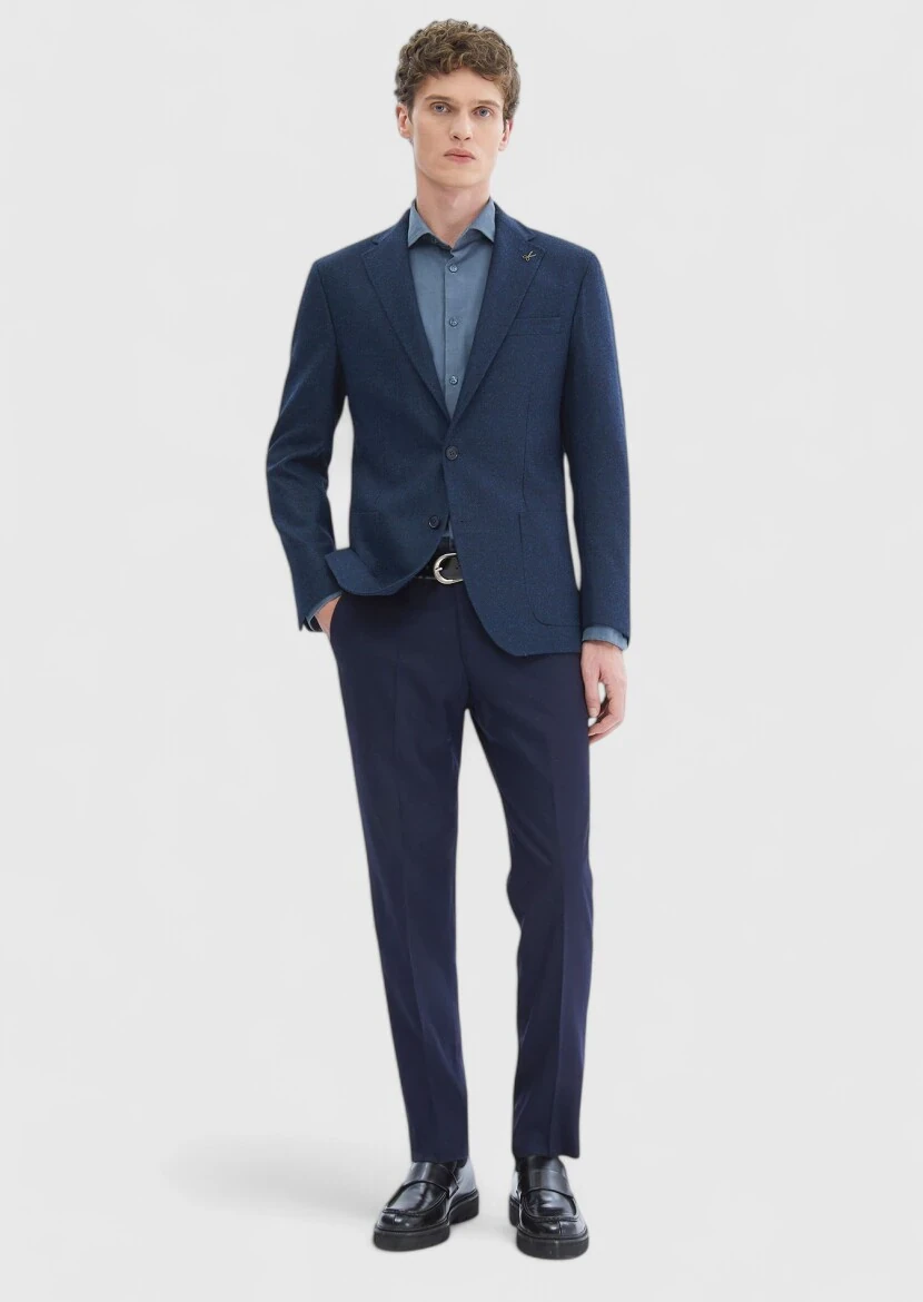 Dark Navyblue Plain Shirt Shoulder Slim Fit 100% Wool Jacket - RAMSEY