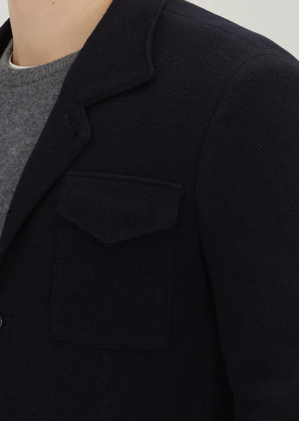 Dark Navyblue Plain Shirt Shoulder Slim Fit Wool Blended Jacket - 3