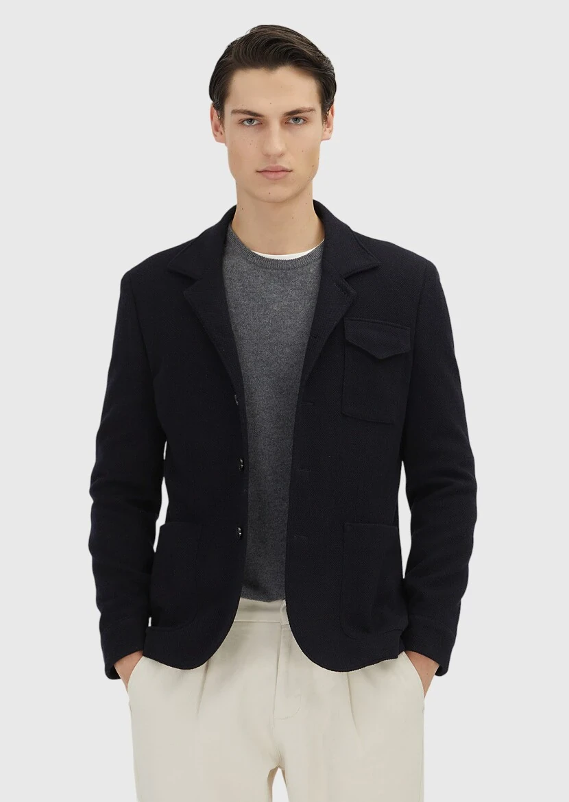 Dark Navyblue Plain Shirt Shoulder Slim Fit Wool Blended Jacket - 4