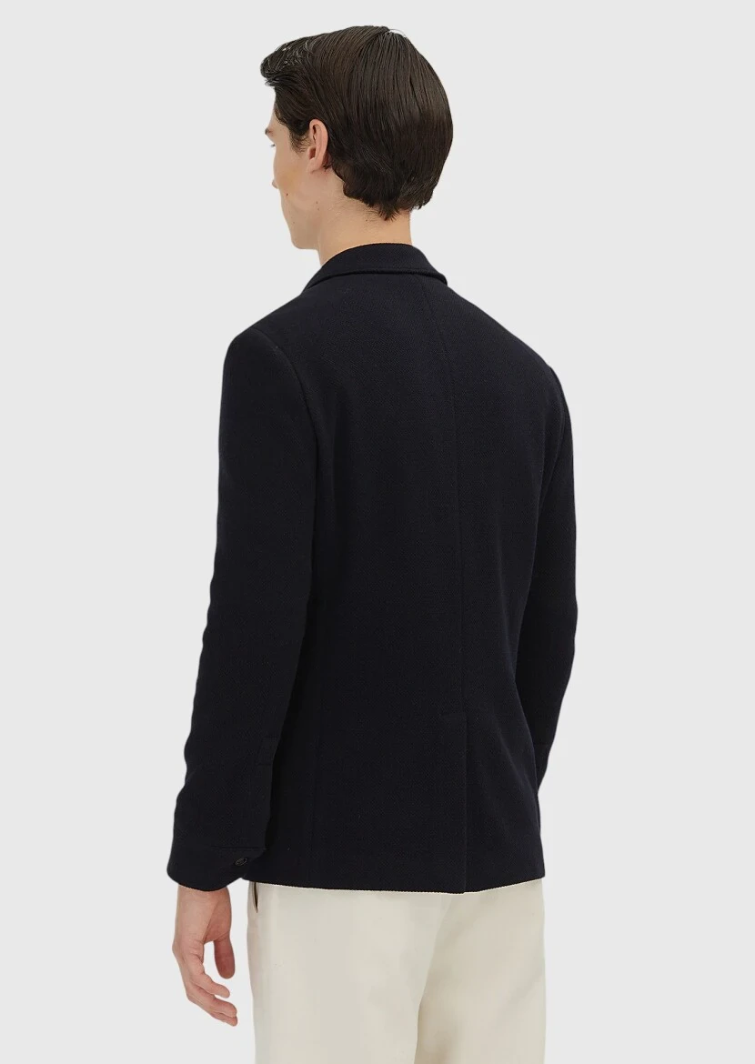 Dark Navyblue Plain Shirt Shoulder Slim Fit Wool Blended Jacket - 6
