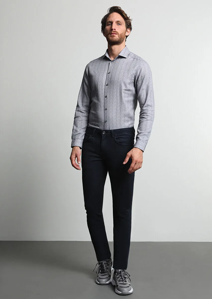 Dark Navyblue Slim Fit Denim Cotton Blended Trousers - 1