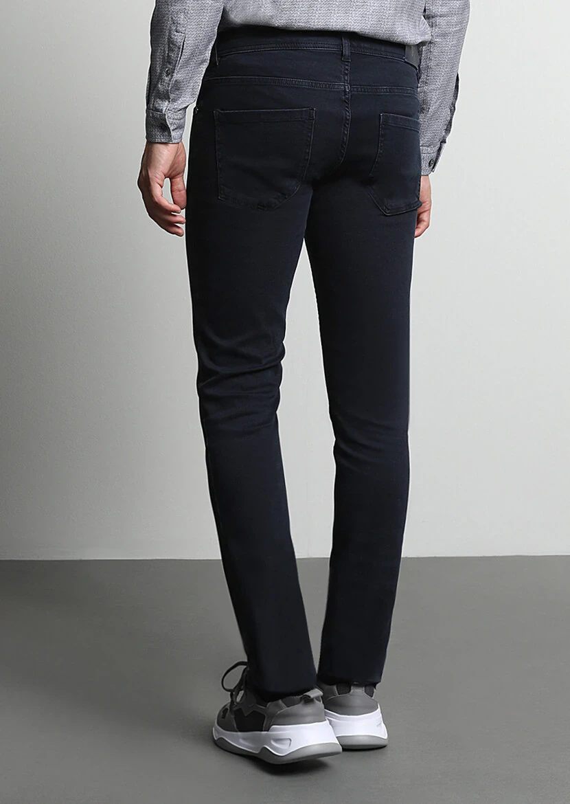 Dark Navyblue Slim Fit Denim Cotton Blended Trousers - 5