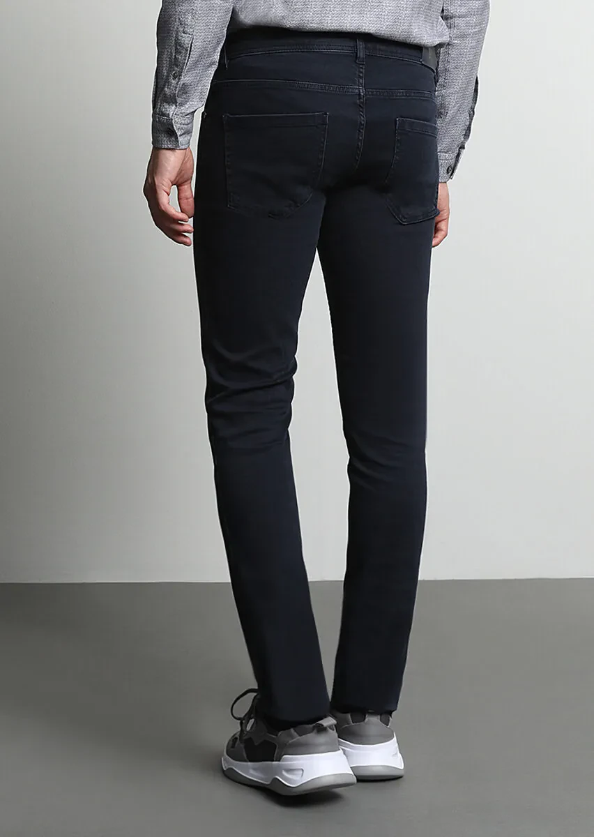 Dark Navyblue Slim Fit Denim Cotton Blended Trousers - 5