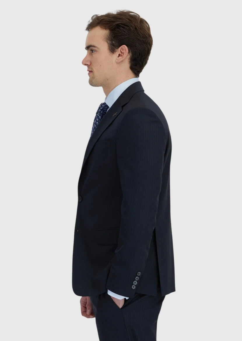 Dark Navyblue Striped Modern Fit Wool Blended Suit - 3