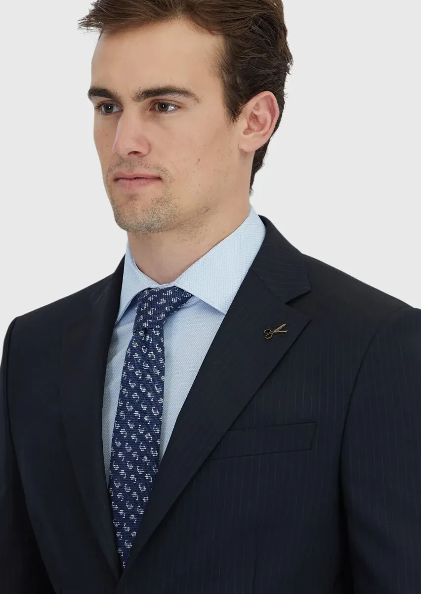 Dark Navyblue Striped Modern Fit Wool Blended Suit - 4