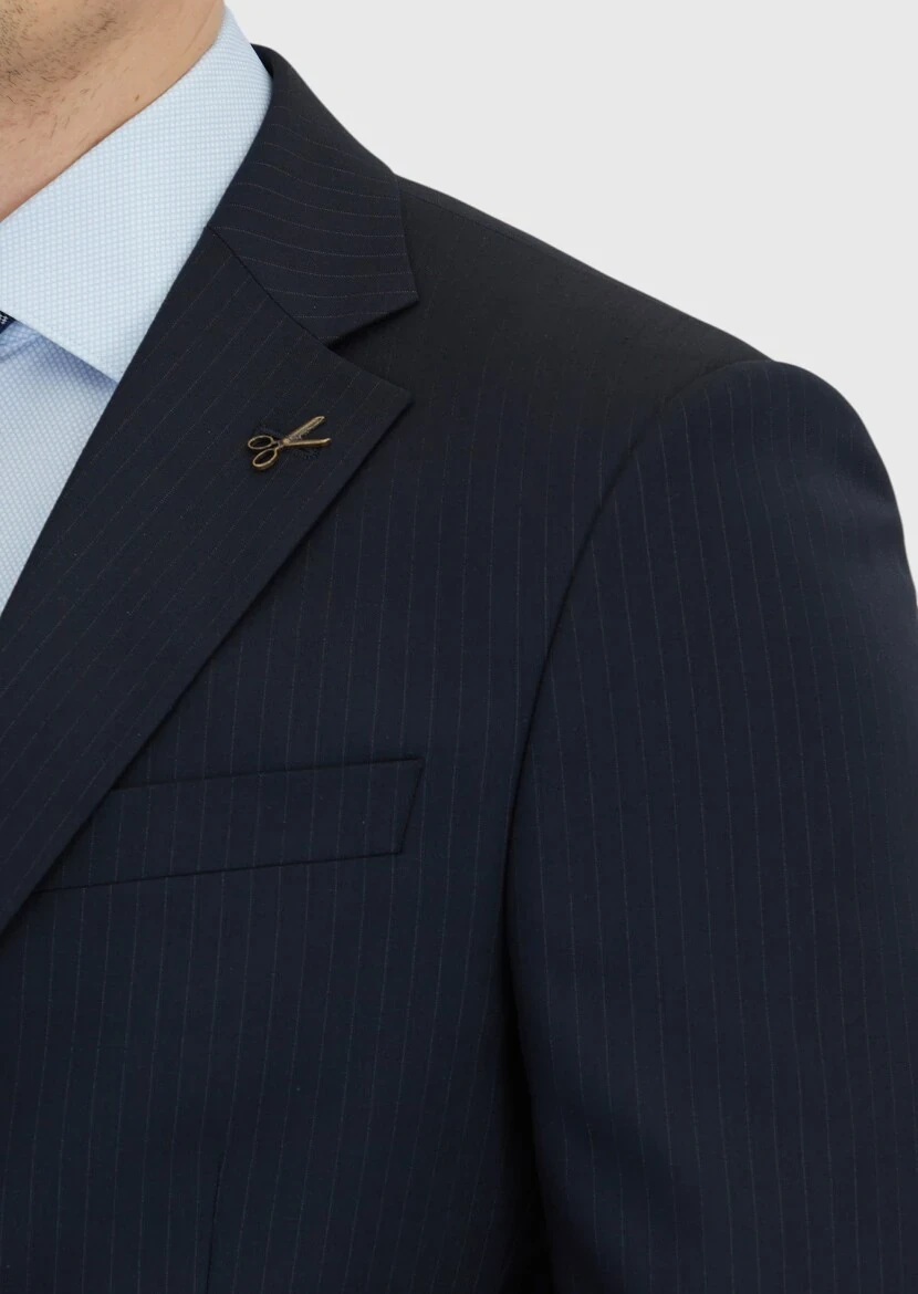 Dark Navyblue Striped Modern Fit Wool Blended Suit - 5