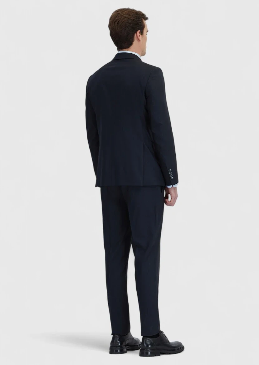 Dark Navyblue Striped Modern Fit Wool Blended Suit - 8