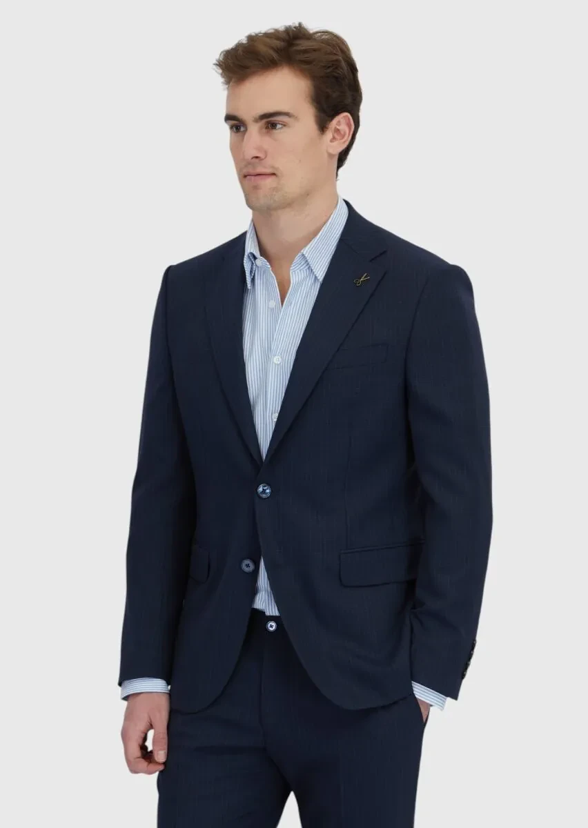 Dark Navyblue Striped Modern Fit Wool Blended Suit - 1