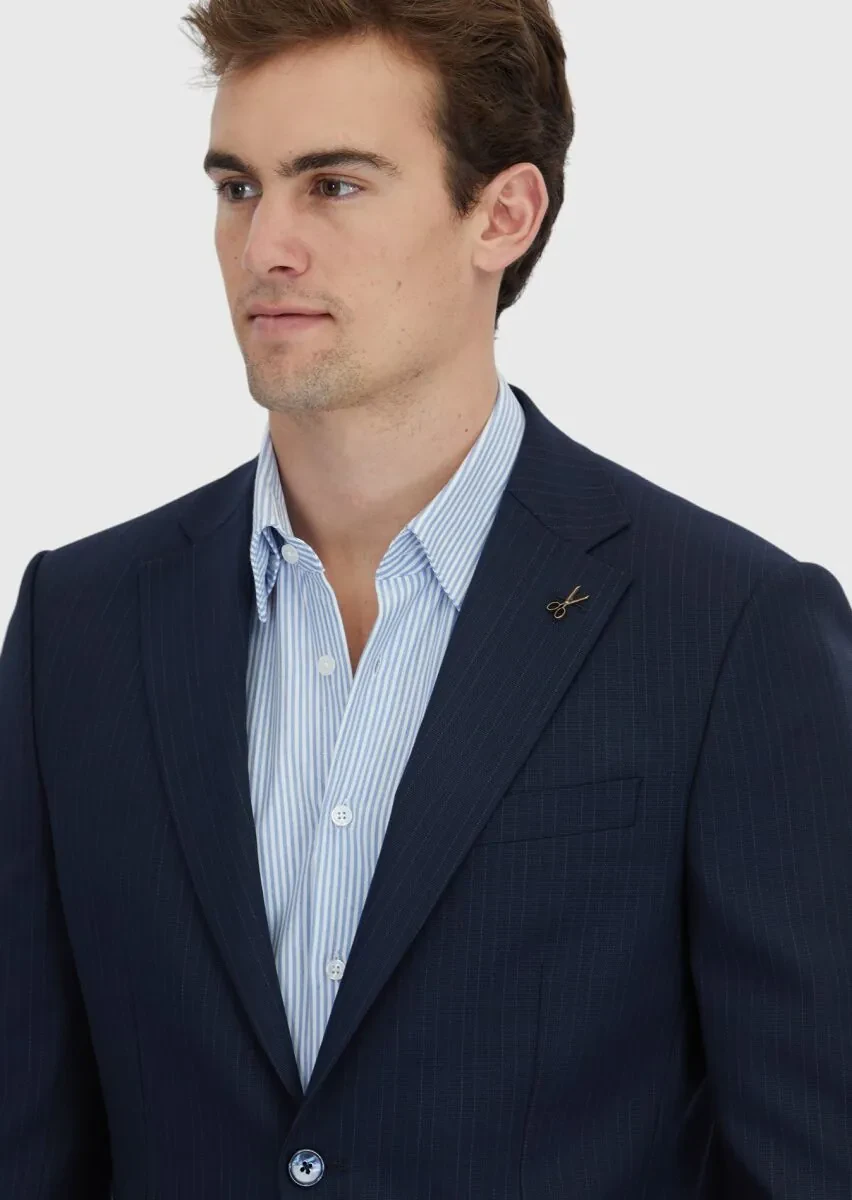 Dark Navyblue Striped Modern Fit Wool Blended Suit - 3