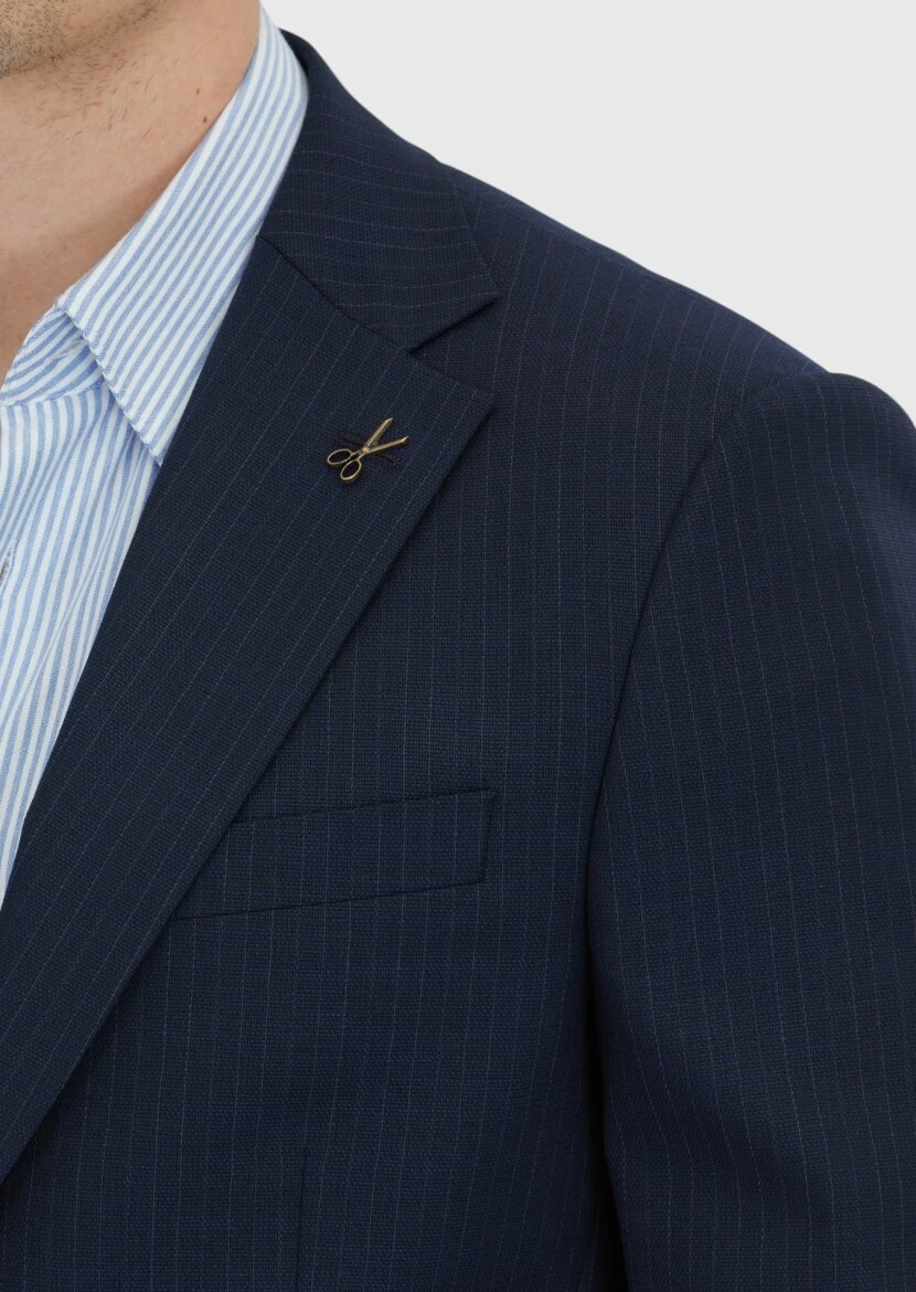 Dark Navyblue Striped Modern Fit Wool Blended Suit - 4