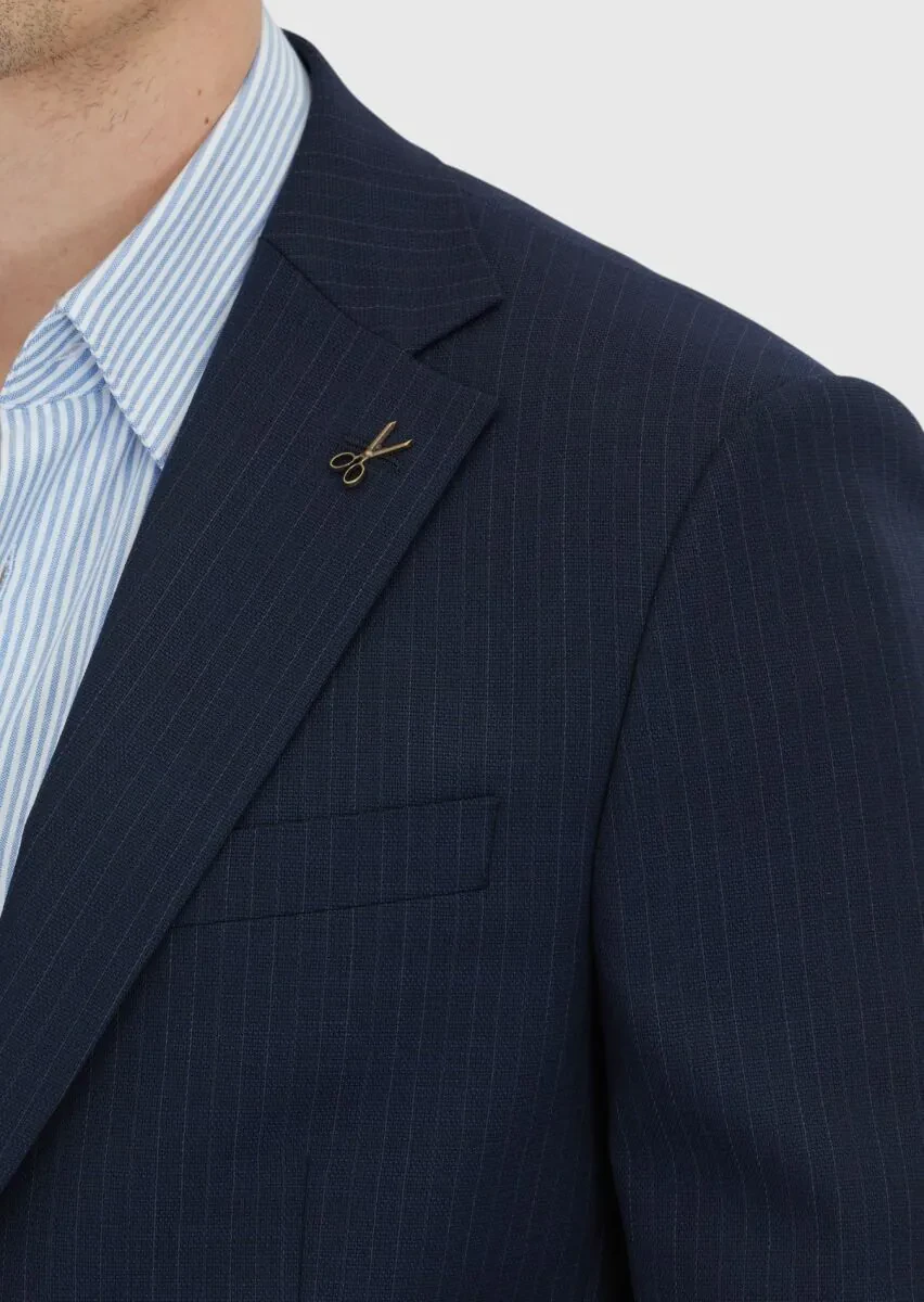 Dark Navyblue Striped Modern Fit Wool Blended Suit - 4