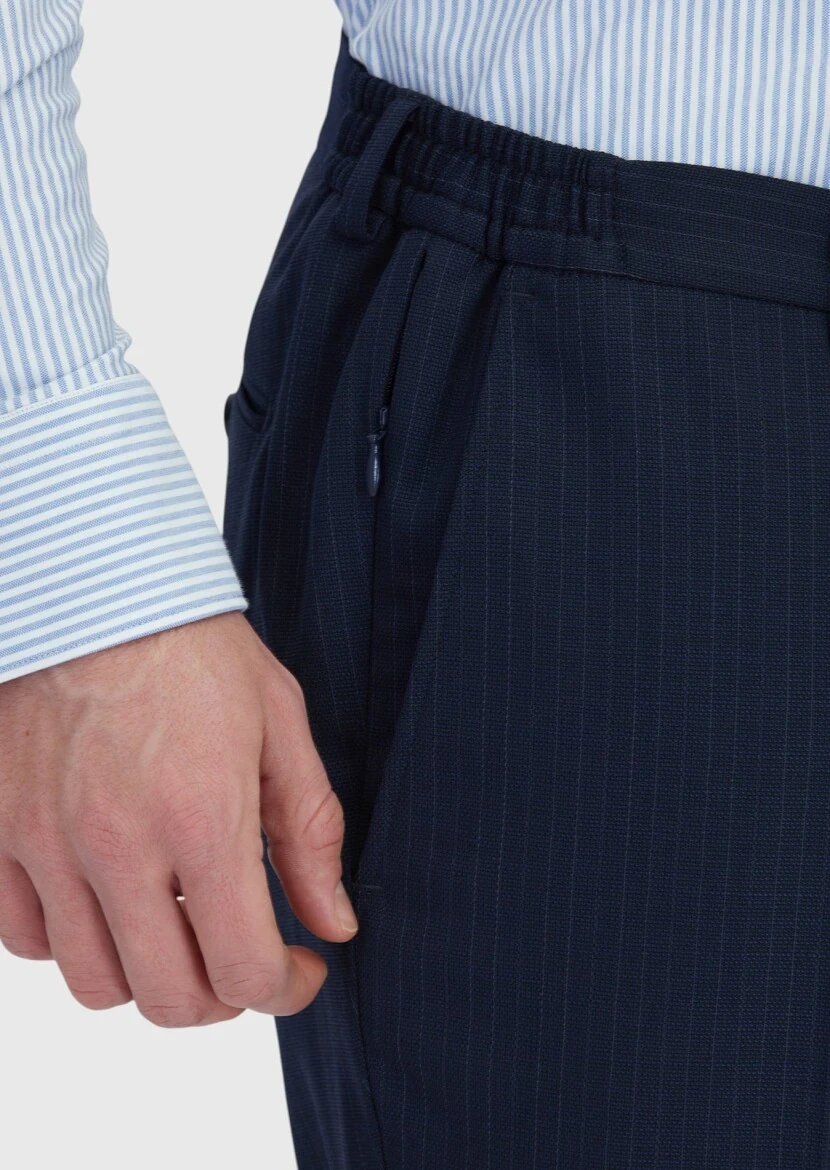 Dark Navyblue Striped Modern Fit Wool Blended Suit - 5