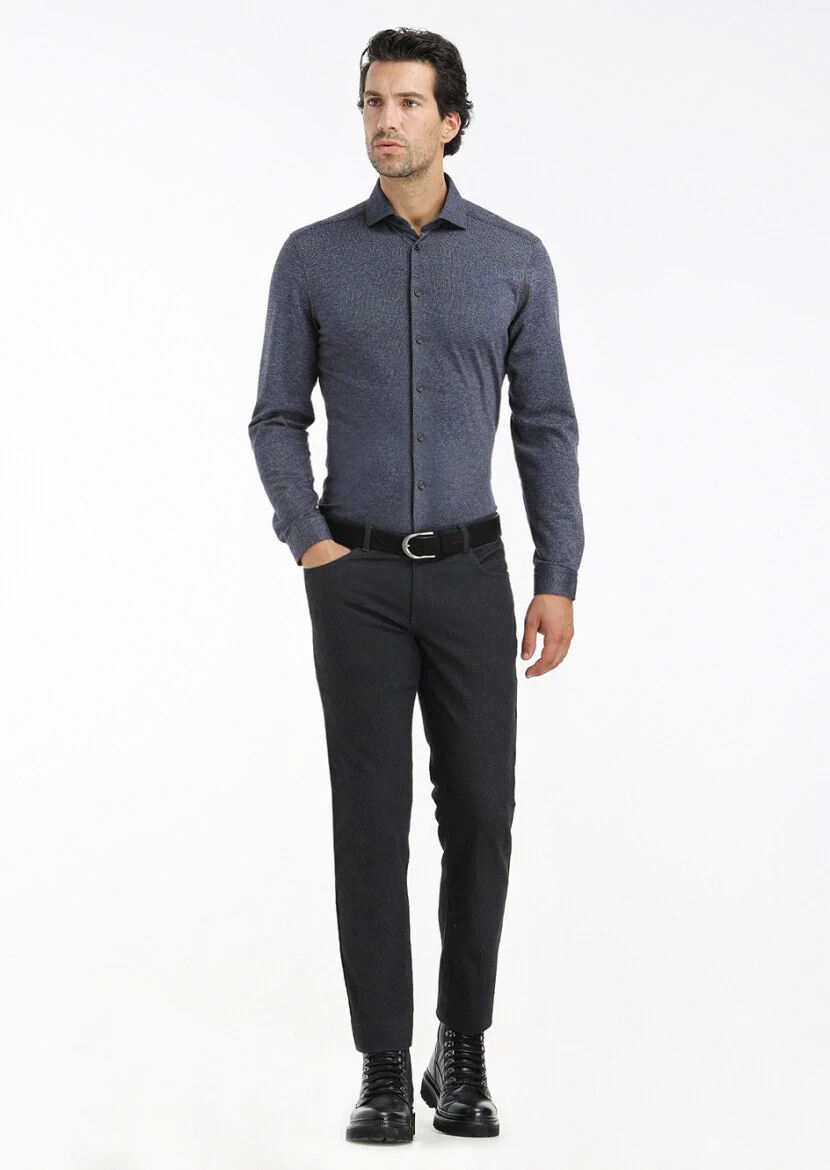 Dark Navyblue Striped Slim Fit Knitting Casual Cotton Blended Shirt - 1