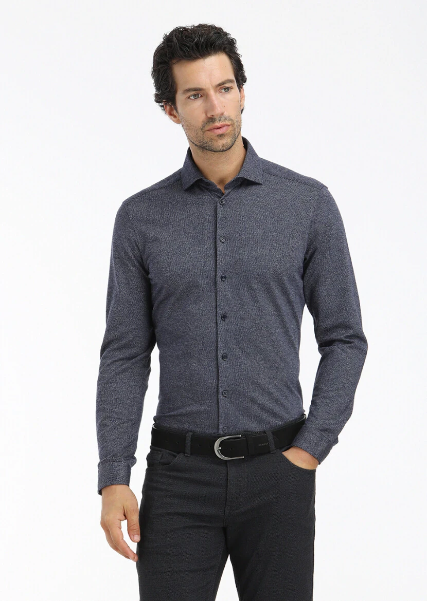 Dark Navyblue Striped Slim Fit Knitting Casual Cotton Blended Shirt - 2