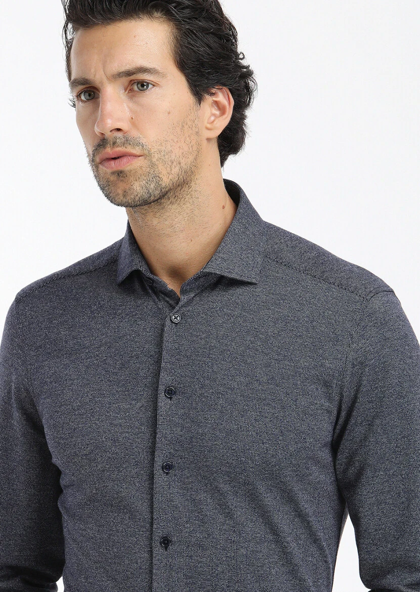 Dark Navyblue Striped Slim Fit Knitting Casual Cotton Blended Shirt - 3
