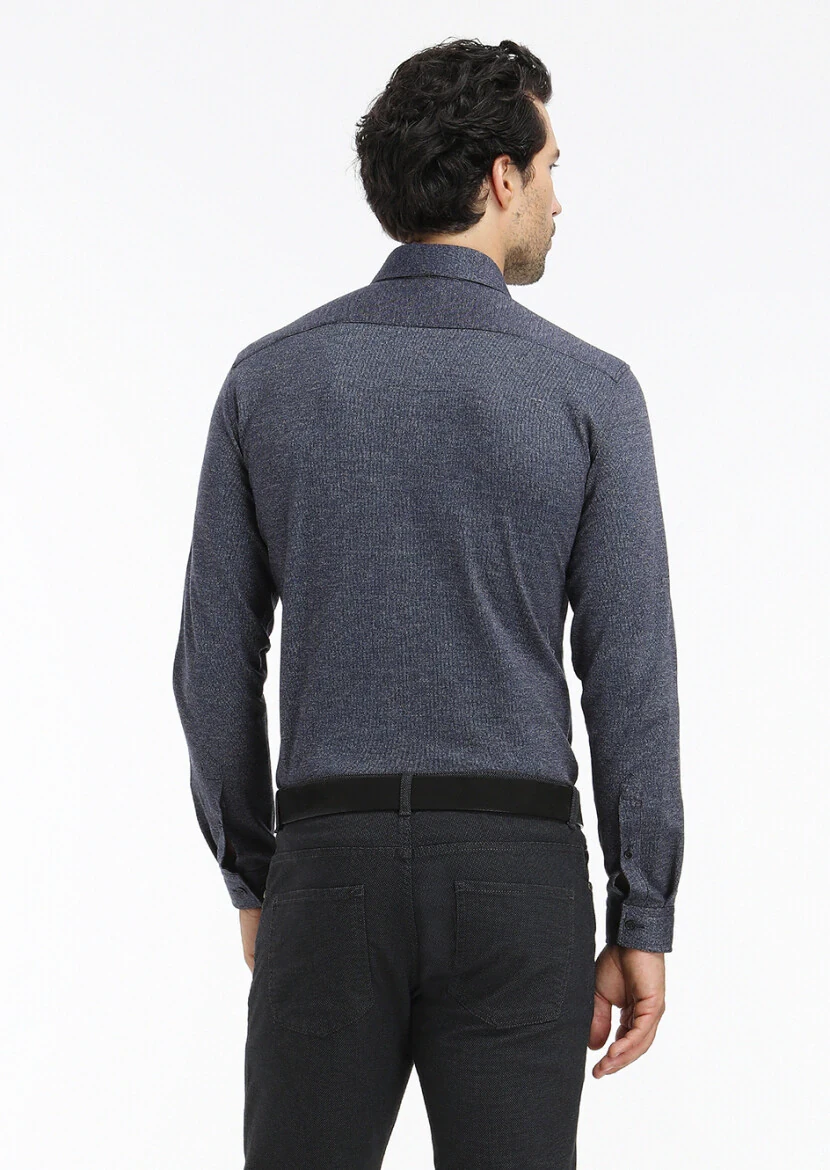 Dark Navyblue Striped Slim Fit Knitting Casual Cotton Blended Shirt - 4