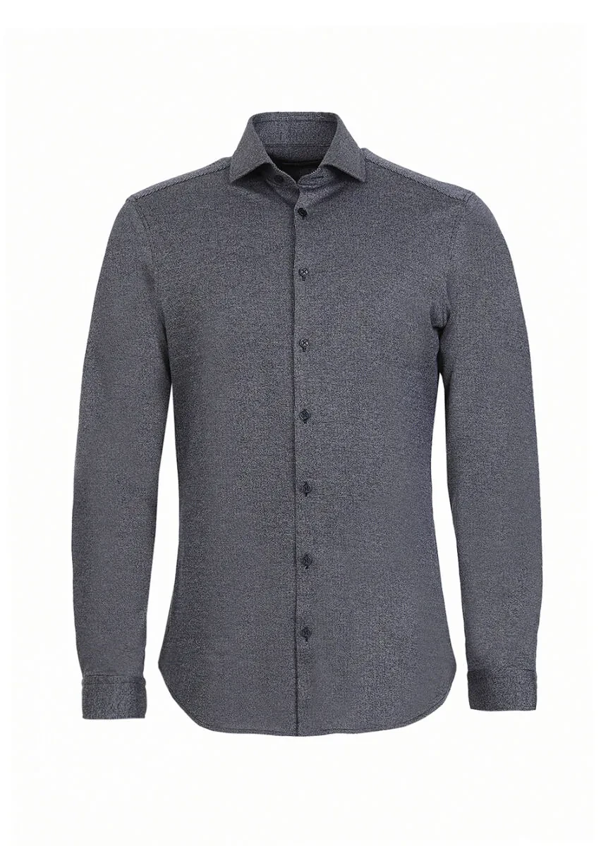 Dark Navyblue Striped Slim Fit Knitting Casual Cotton Blended Shirt - 5