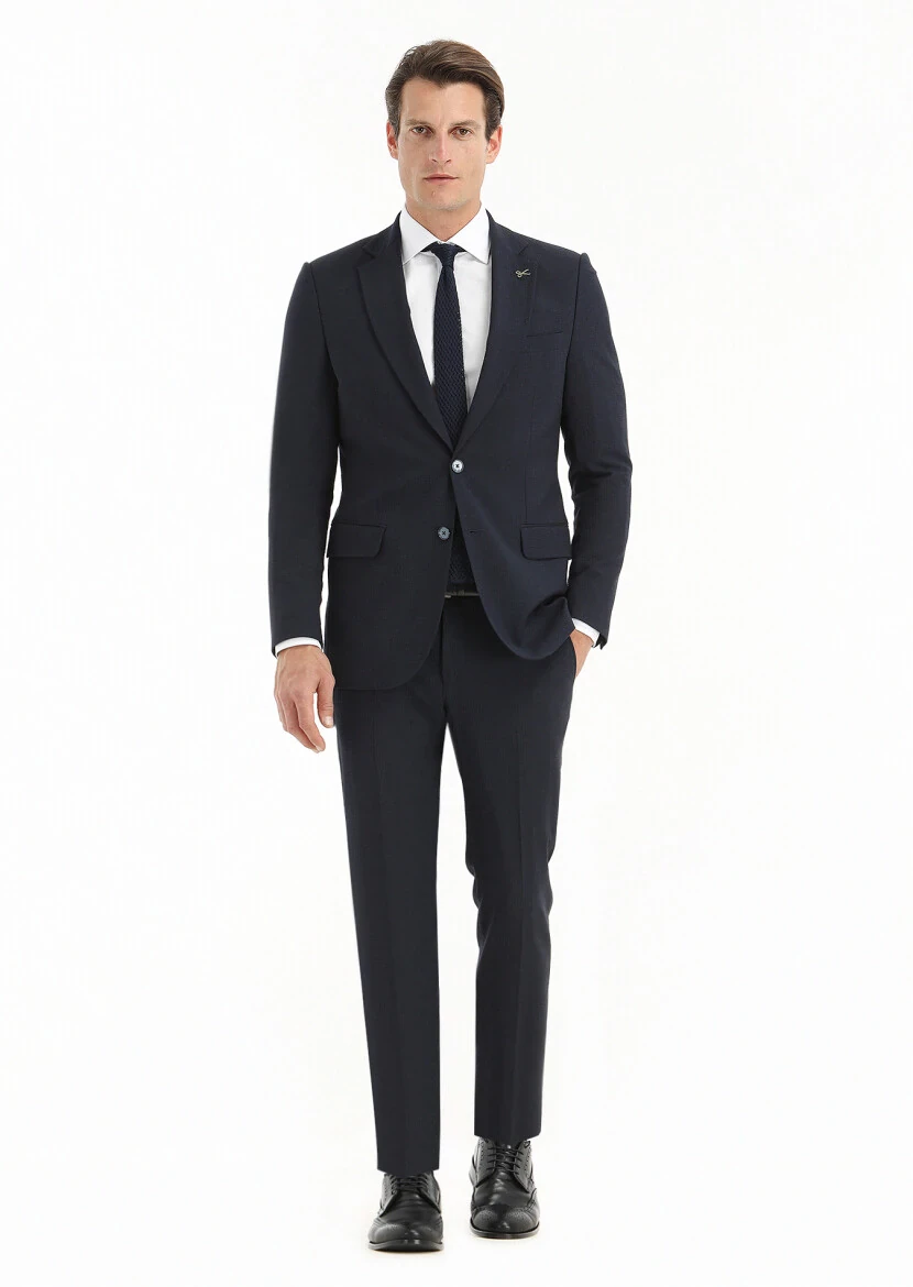 Dark Navyblue Striped Thin&Taller Slim Fit Wool Blended Suit - 1