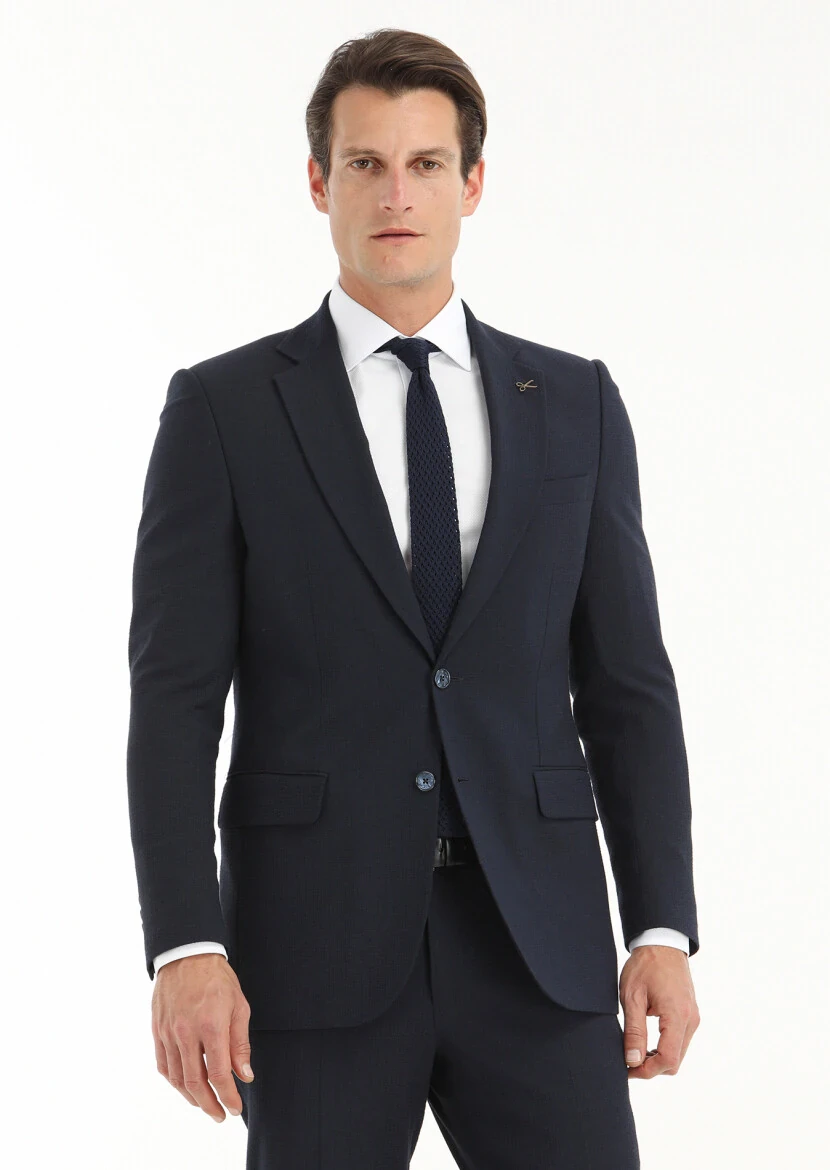 Dark Navyblue Striped Thin&Taller Slim Fit Wool Blended Suit - 2