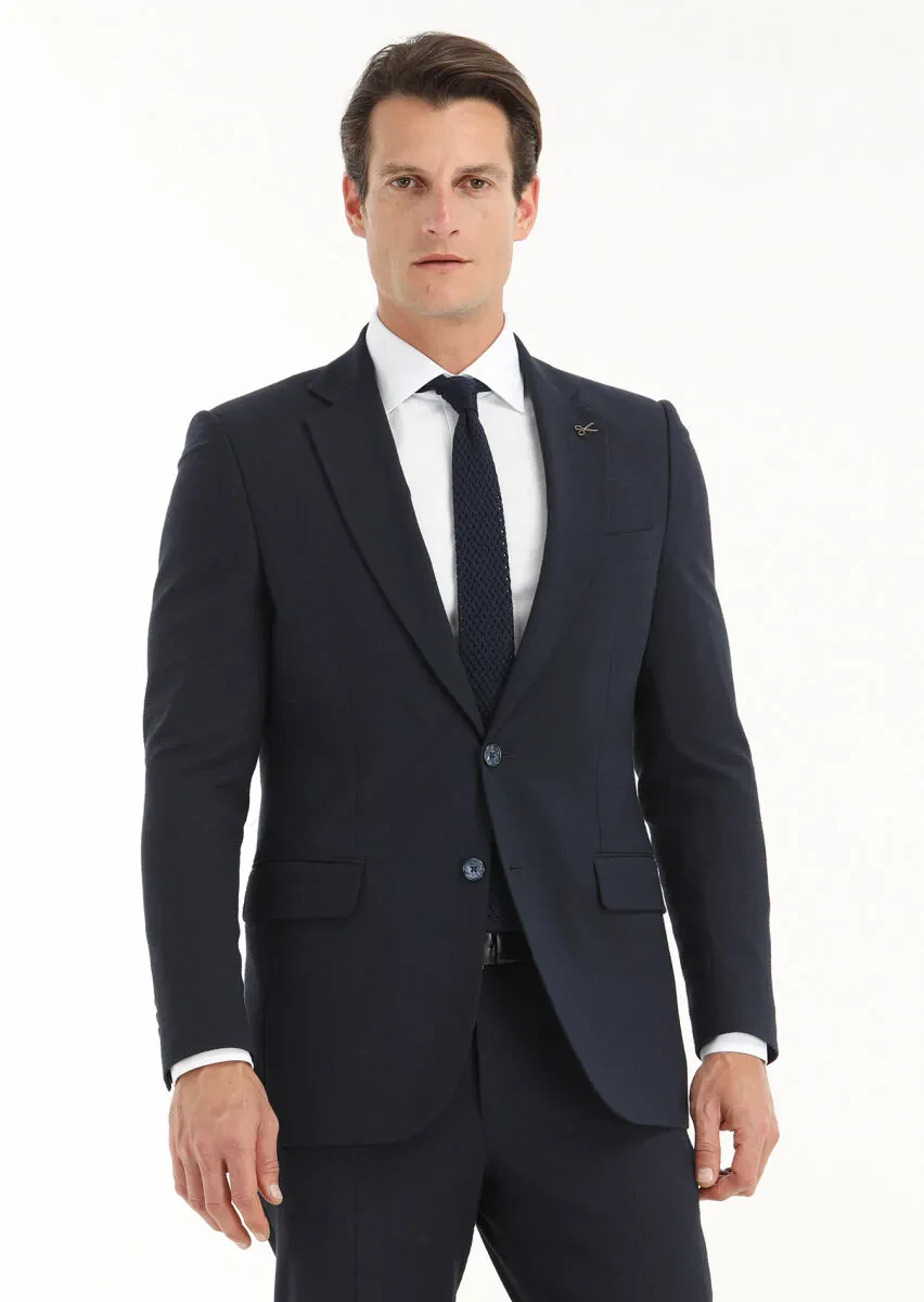 Dark Navyblue Striped Thin&Taller Slim Fit Wool Blended Suit - 2