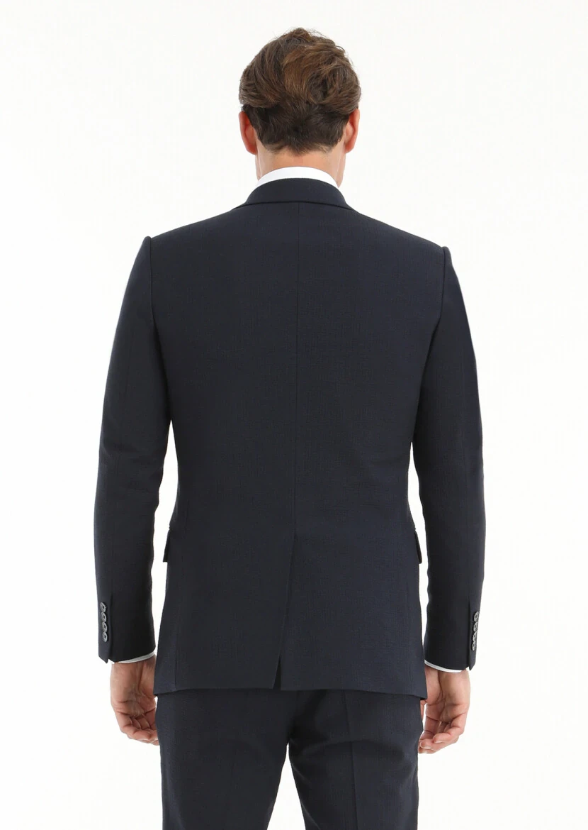 Dark Navyblue Striped Thin&Taller Slim Fit Wool Blended Suit - 4