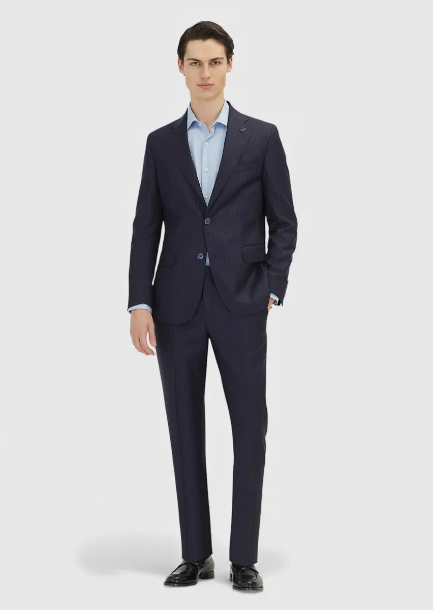 Dark Navyblue Striped Zeroweight Slim Fit 100% Wool Suit - 1