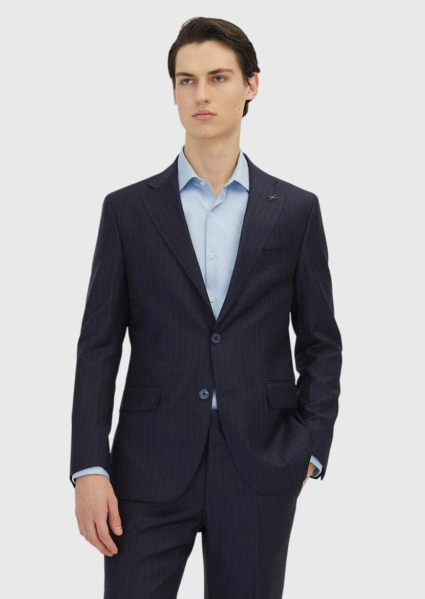 Dark Navyblue Striped Zeroweight Slim Fit 100% Wool Suit - RAMSEY