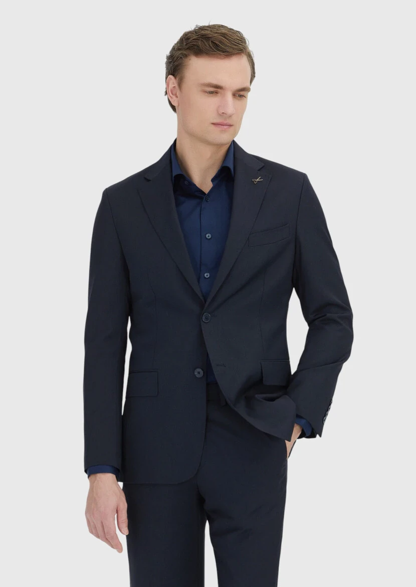Dark Navyblue Striped Zeroweight Slim Fit 100% Wool Suit - RAMSEY