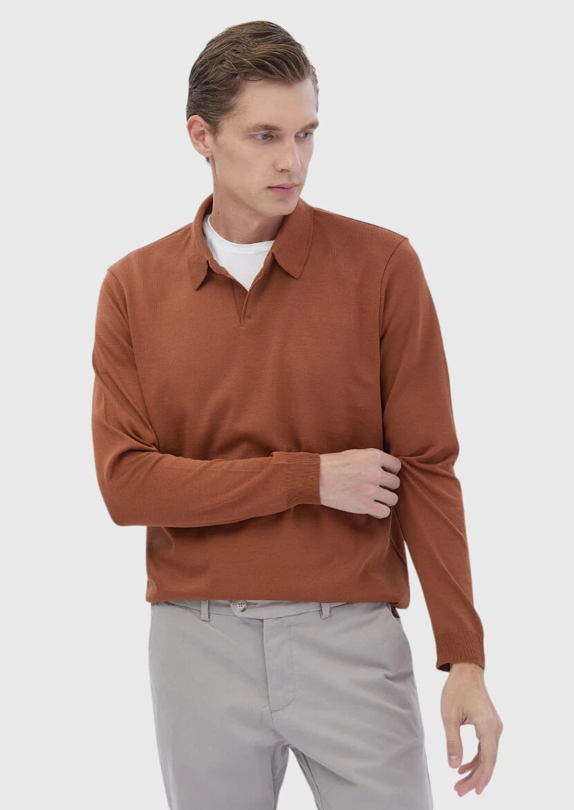 Dark Orange Polo Neck Plain Sweatshirt - 5