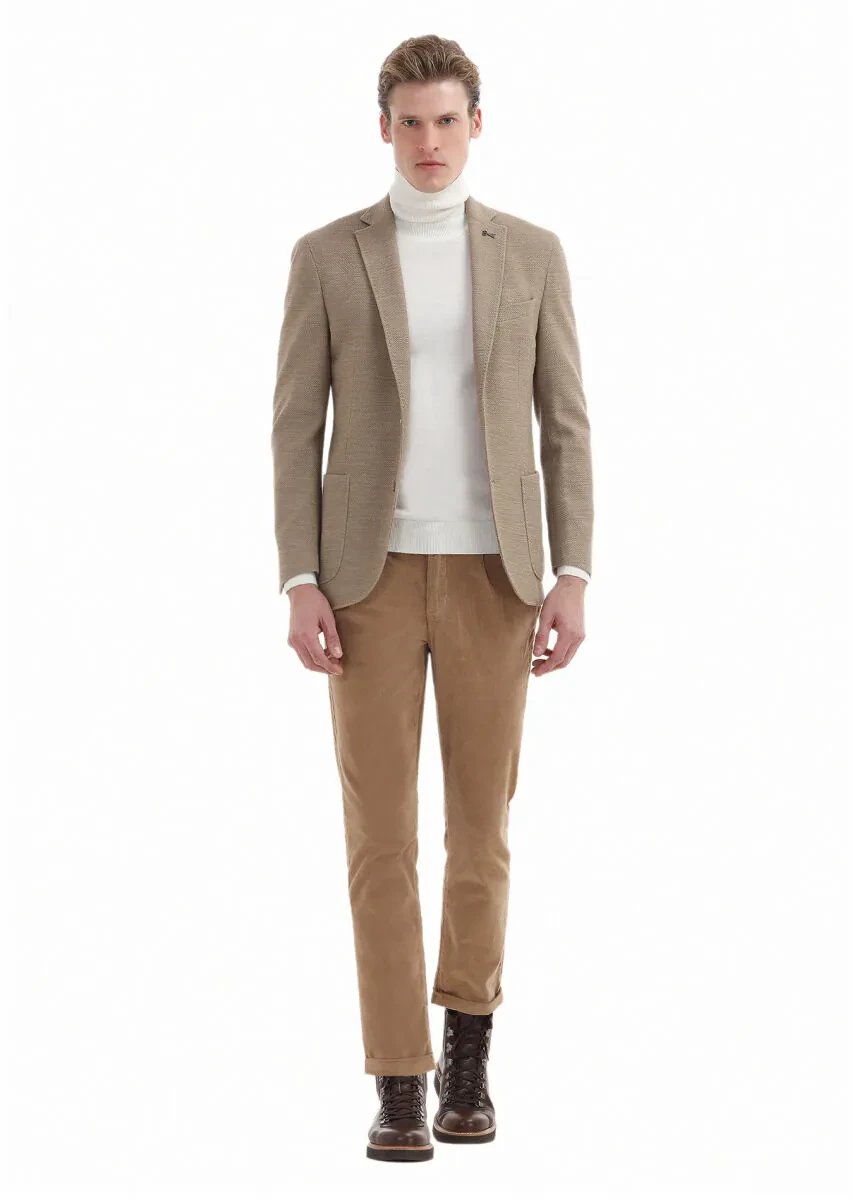 Deve Tüyü Desenli Shirt Shoulder Slim Fit Yün Karışımlı Örme Ceket - 1