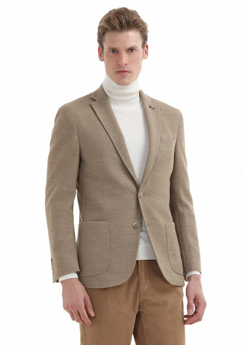 Deve Tüyü Desenli Shirt Shoulder Slim Fit Yün Karışımlı Örme Ceket - 2