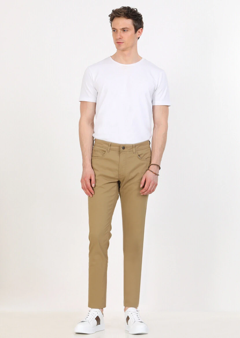Deve Tüyü Düz Dokuma Slim Fit Casual Pamuk Karışımlı Pantolon - 1