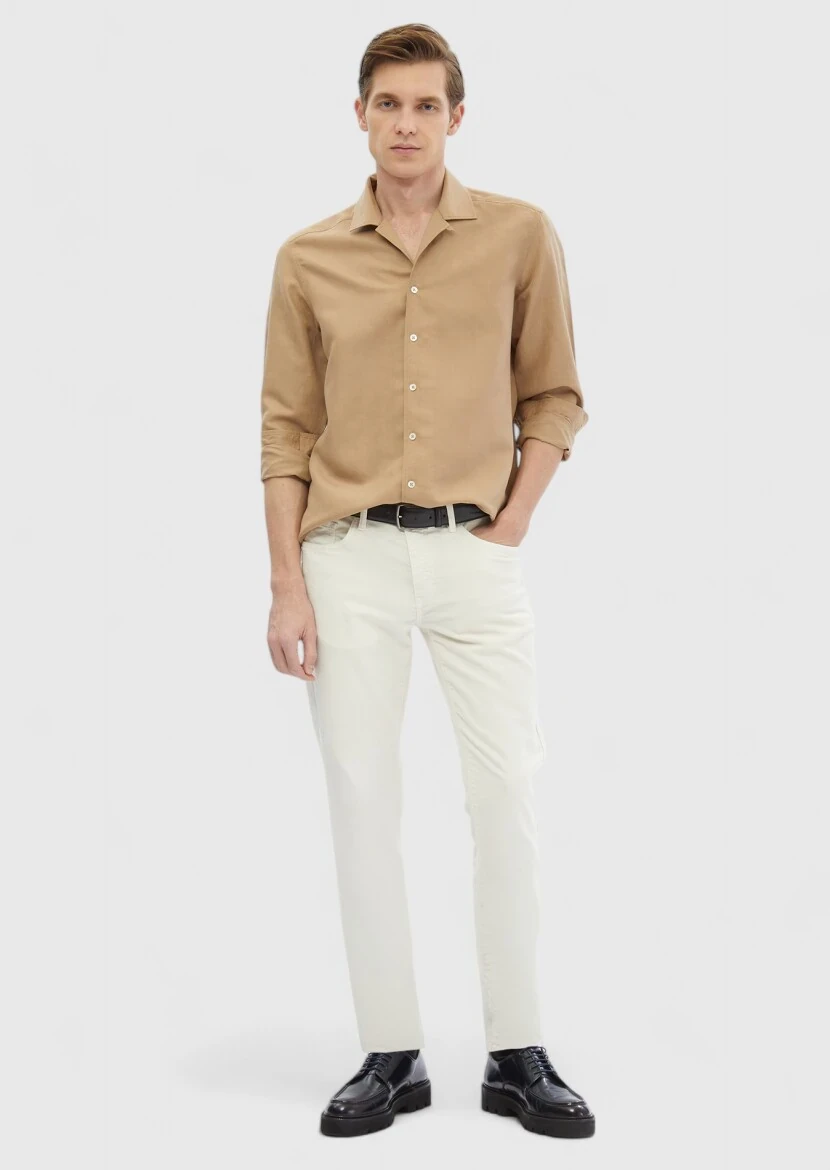 Deve Tüyü Düz Regular Fit Dokuma Casual Keten Karışımlı Gömlek 