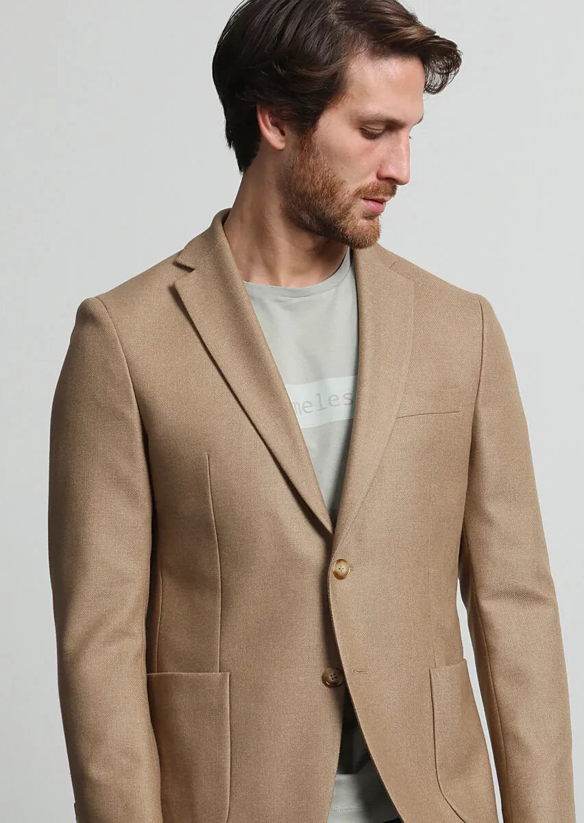 Deve Tüyü Düz Shirt Shoulder Slim Fit Yün Karışımlı Ceket - 1