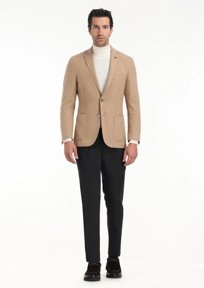 Deve Tüyü Düz Shirt Shoulder Slim Fit Yün Karışımlı Örme Ceket - RAMSEY