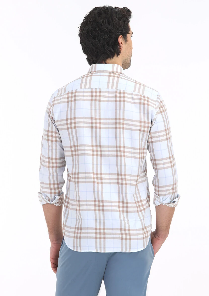 Deve Tüyü Kareli Regular Fit Dokuma Casual %100 Pamuk Gömlek - 4