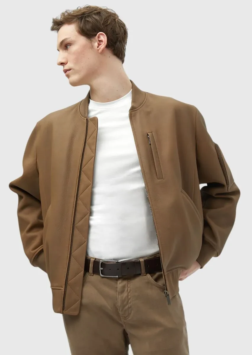 Deve Tüyü Regular Fit Dik Yaka Casual Süet Deri Mont - 3