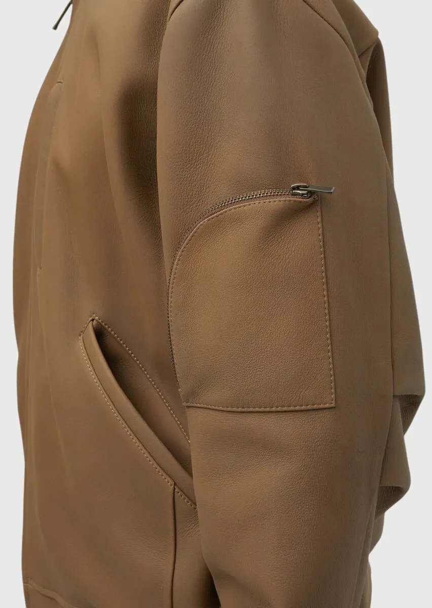 Deve Tüyü Regular Fit Dik Yaka Casual Süet Deri Mont - 6