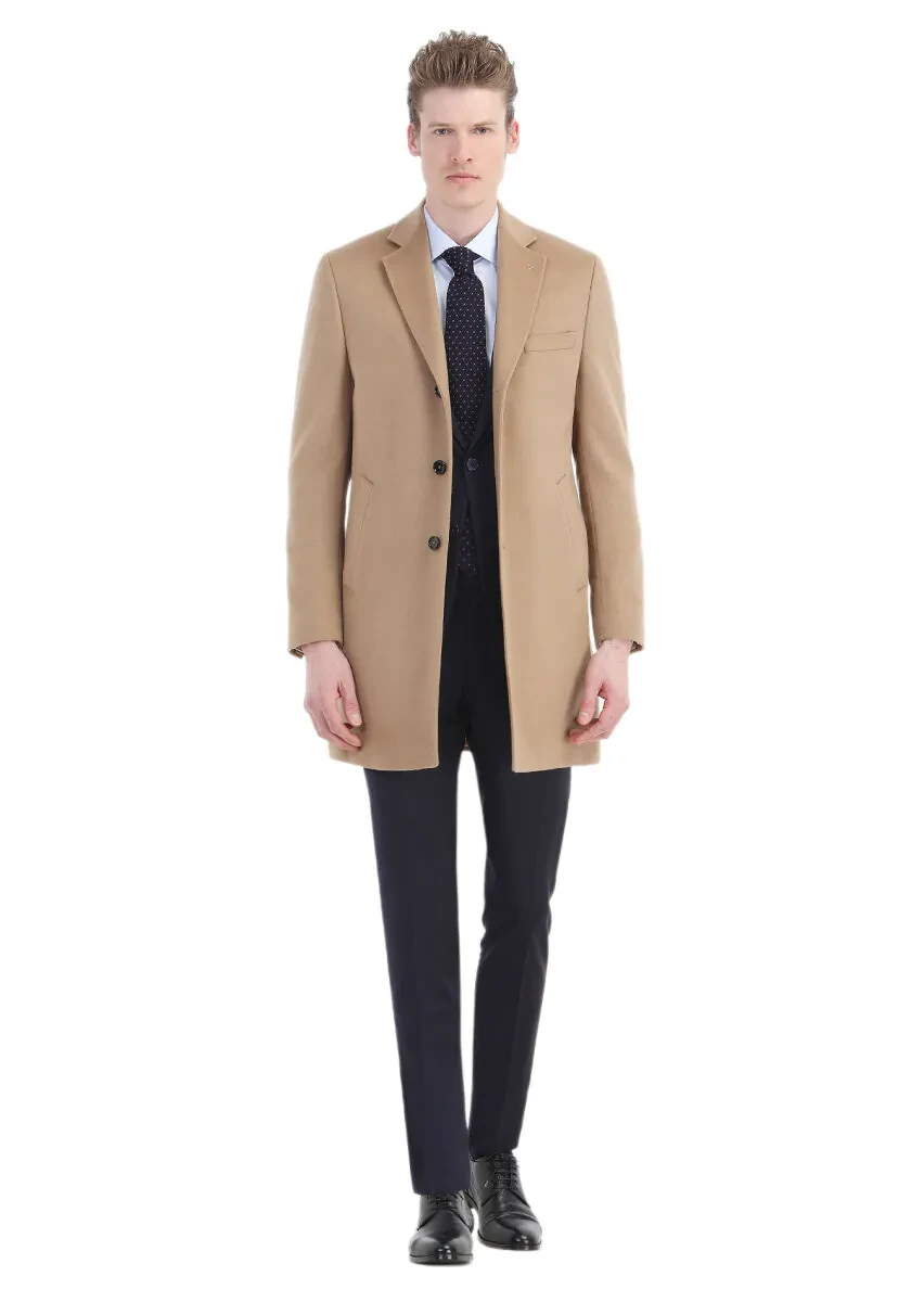 Deve Tüyü Regular Fit Kelebek Yaka Klasik Dokuma Palto - 1