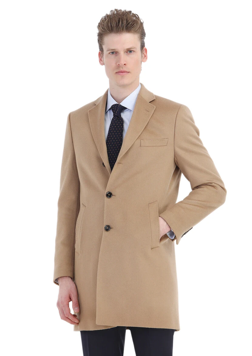 Deve Tüyü Regular Fit Kelebek Yaka Klasik Dokuma Palto - 4