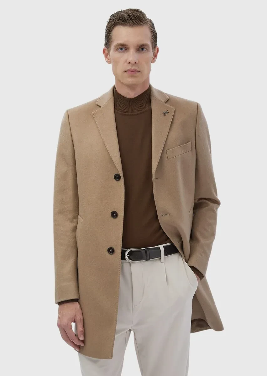 Deve Tüyü Regular Fit Kelebek Yaka Klasik Dokuma Palto - 2