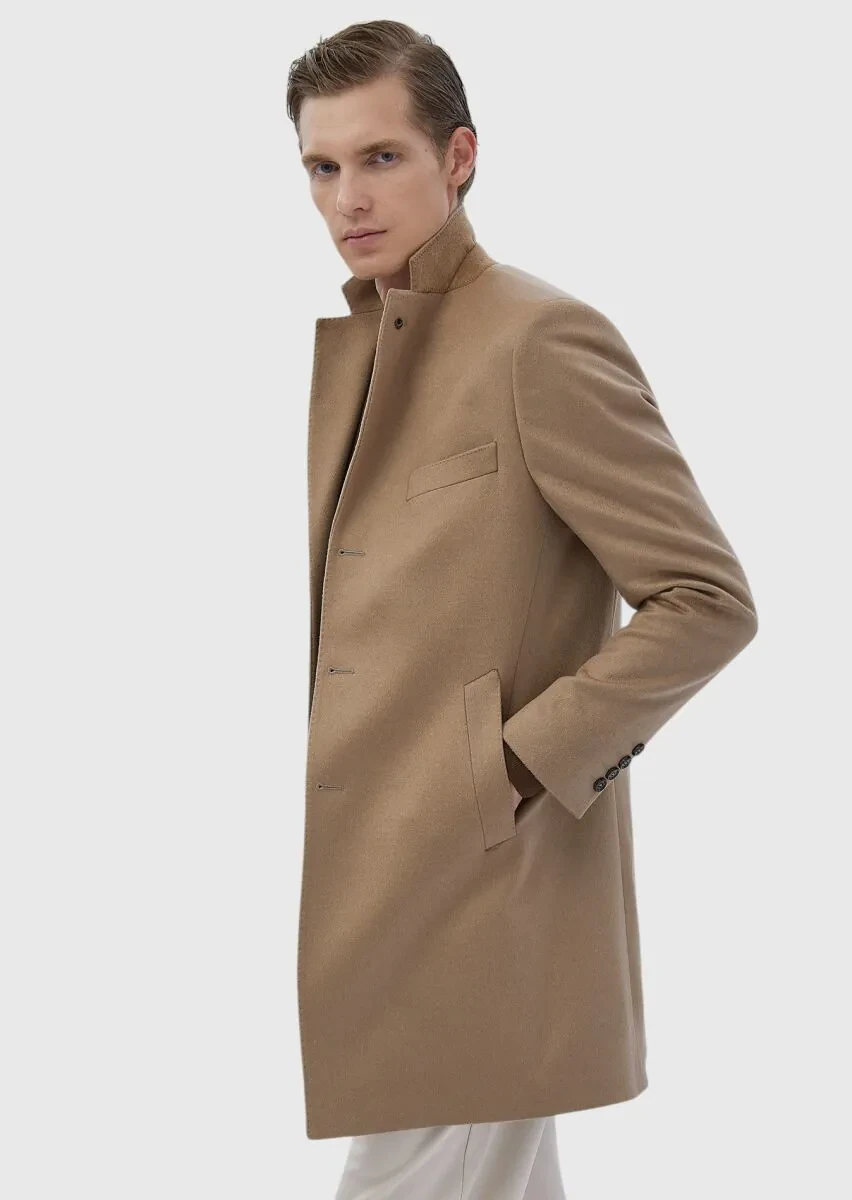 Deve Tüyü Regular Fit Kelebek Yaka Klasik Dokuma Palto - 3