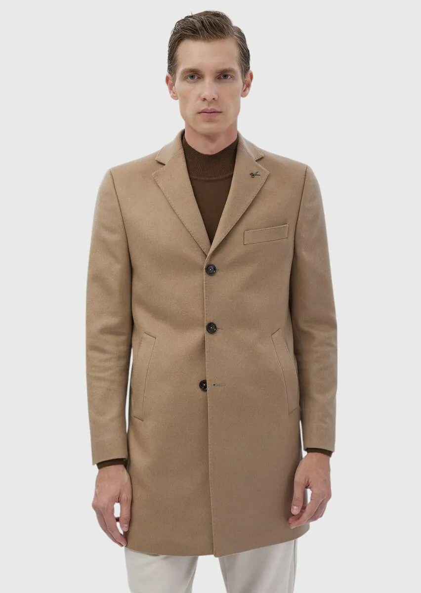 Deve Tüyü Regular Fit Kelebek Yaka Klasik Dokuma Palto - 4