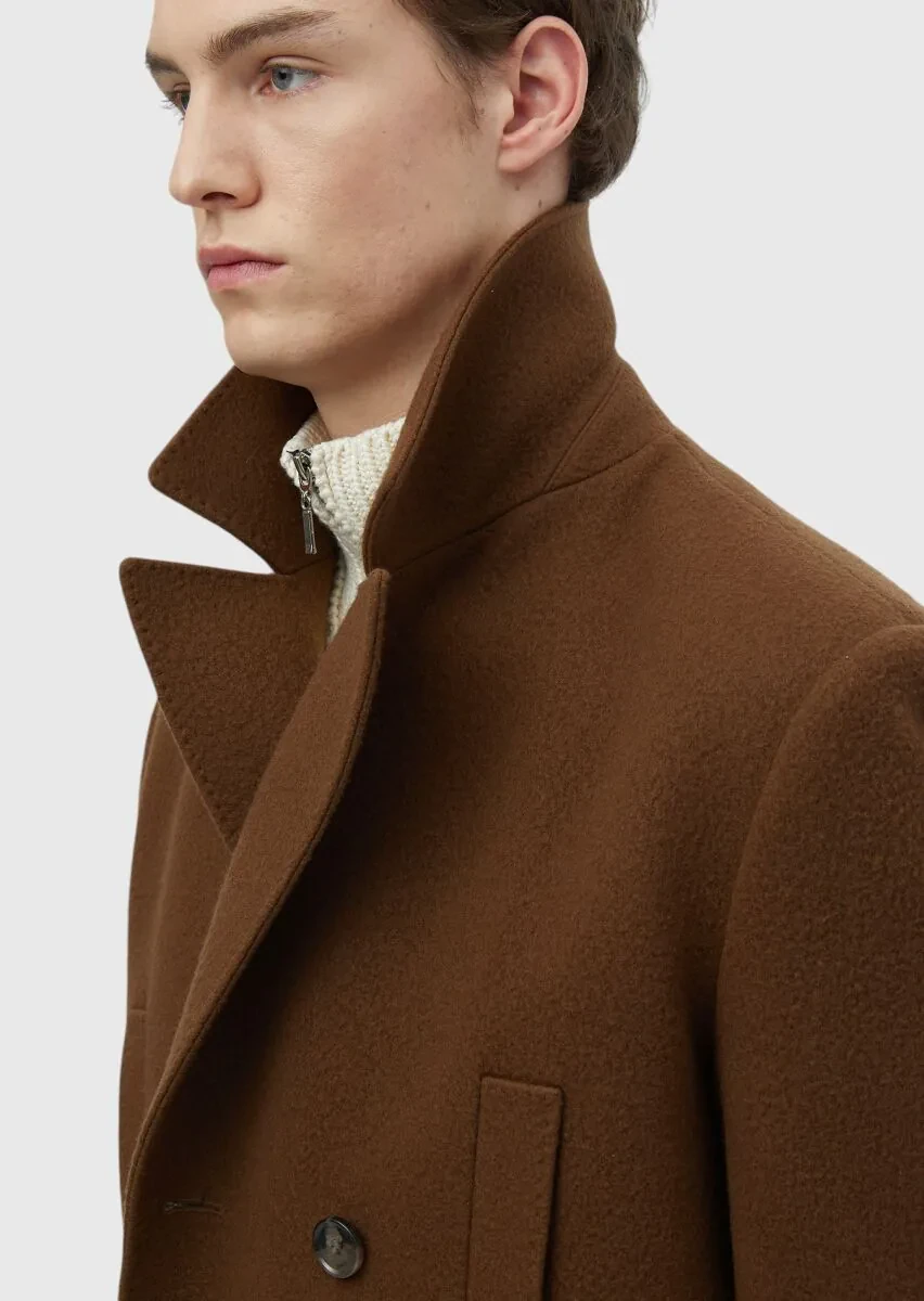 Deve Tüyü Regular Fit Kruvaze Yaka Casual Dokuma Palto - 6