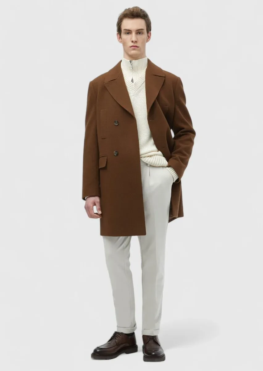 Deve Tüyü Regular Fit Kruvaze Yaka Casual Dokuma Palto - 7