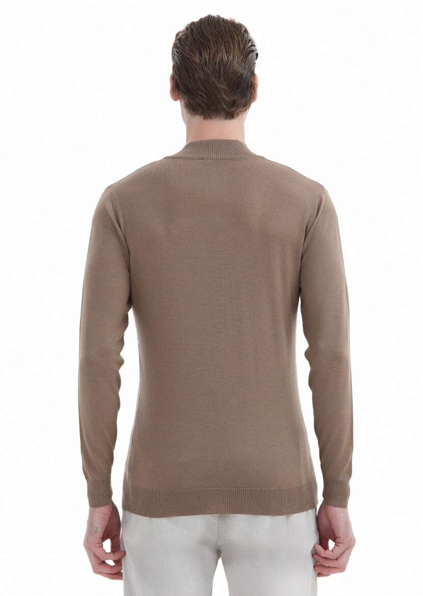 Deve Tüyü Yarım Balıkçı Yaka Düz Örgü %100 Yün Triko Kazak - 5