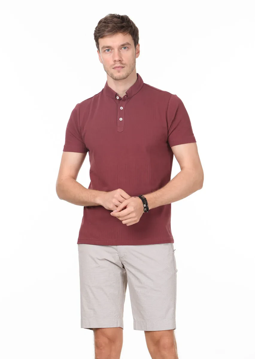 Dusty Rose Color Jacquard Mandarin Collar 100% Cotton T-Shirt - 1