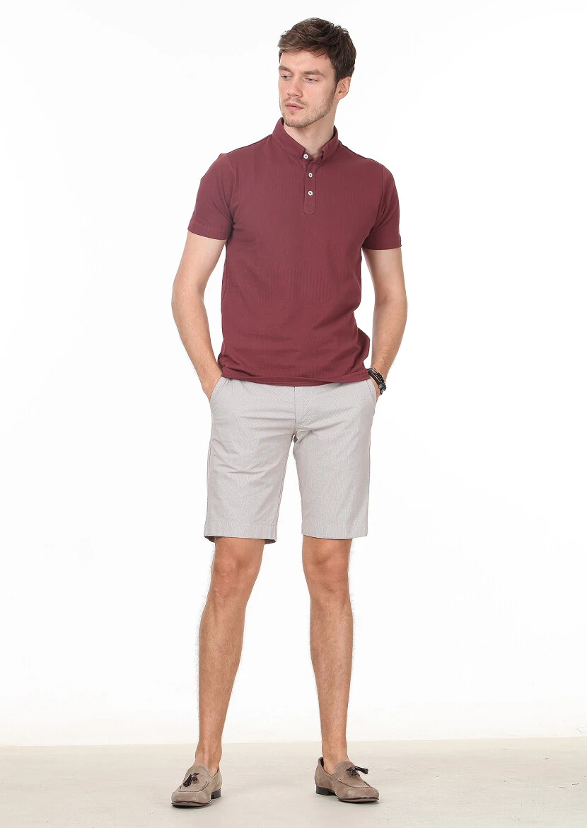 Dusty Rose Color Jacquard Mandarin Collar 100% Cotton T-Shirt - 3