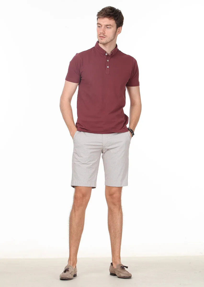 Dusty Rose Color Jacquard Mandarin Collar 100% Cotton T-Shirt - 3