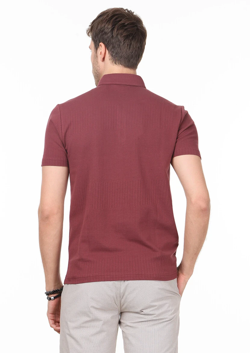 Dusty Rose Color Jacquard Mandarin Collar 100% Cotton T-Shirt - 4